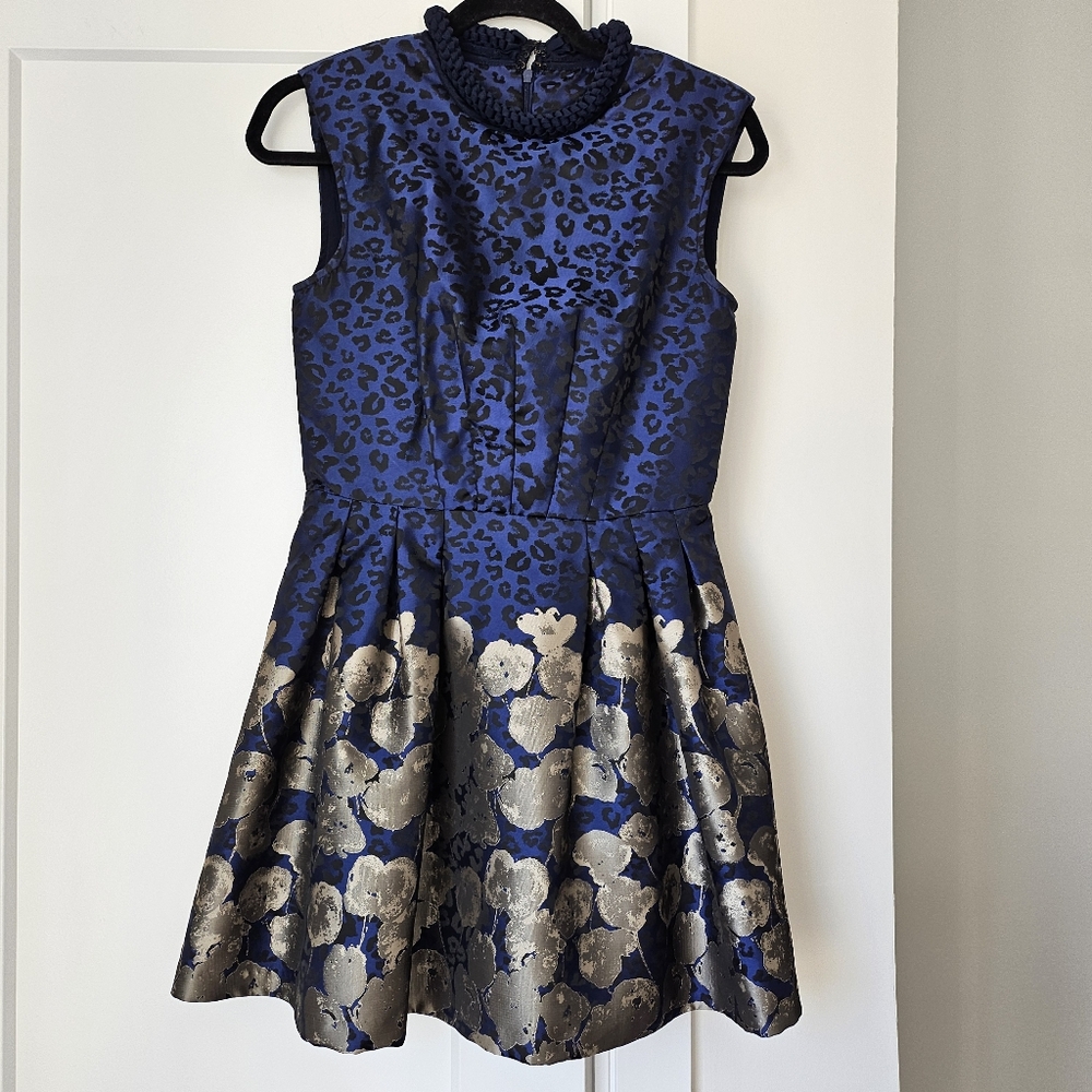 Dress Blue Leopard Floral Fit N Flare Evening Party